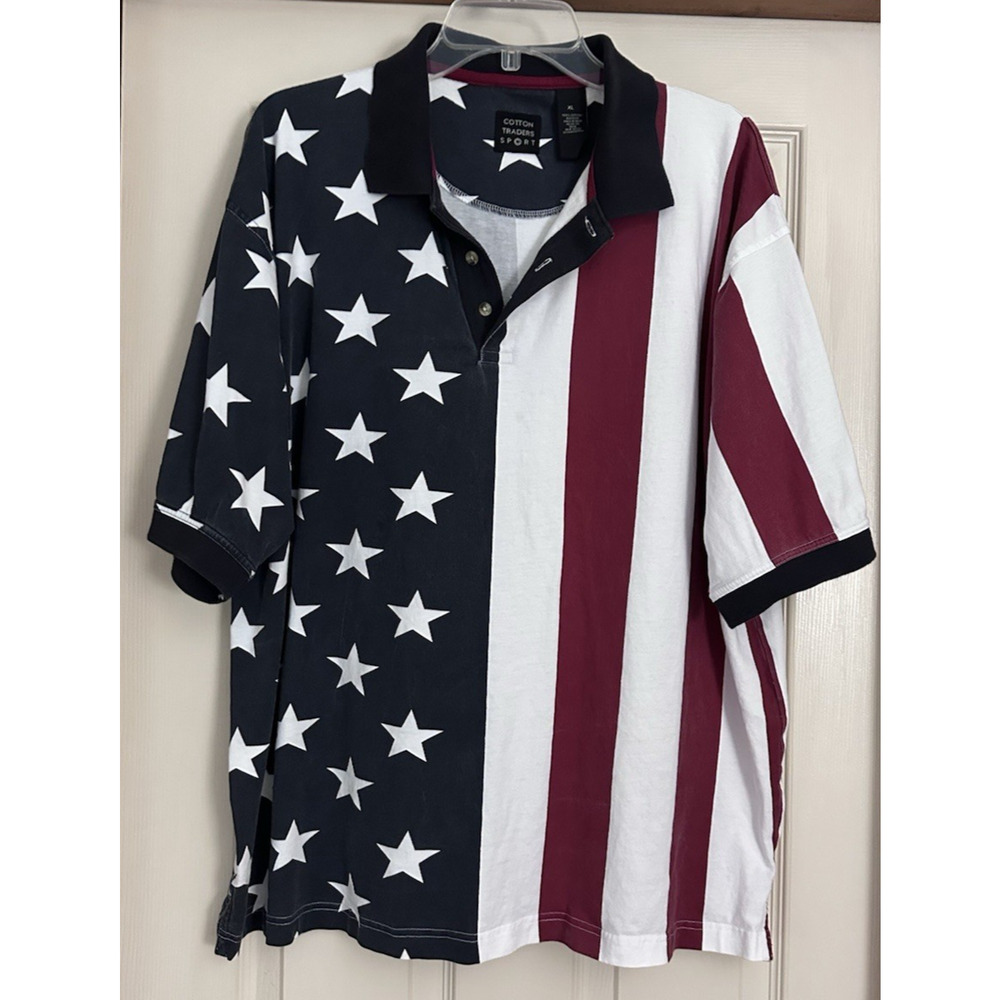 Cotton Traders Sport Men Shirt Size XL Flag Short Sleeves Patriotic